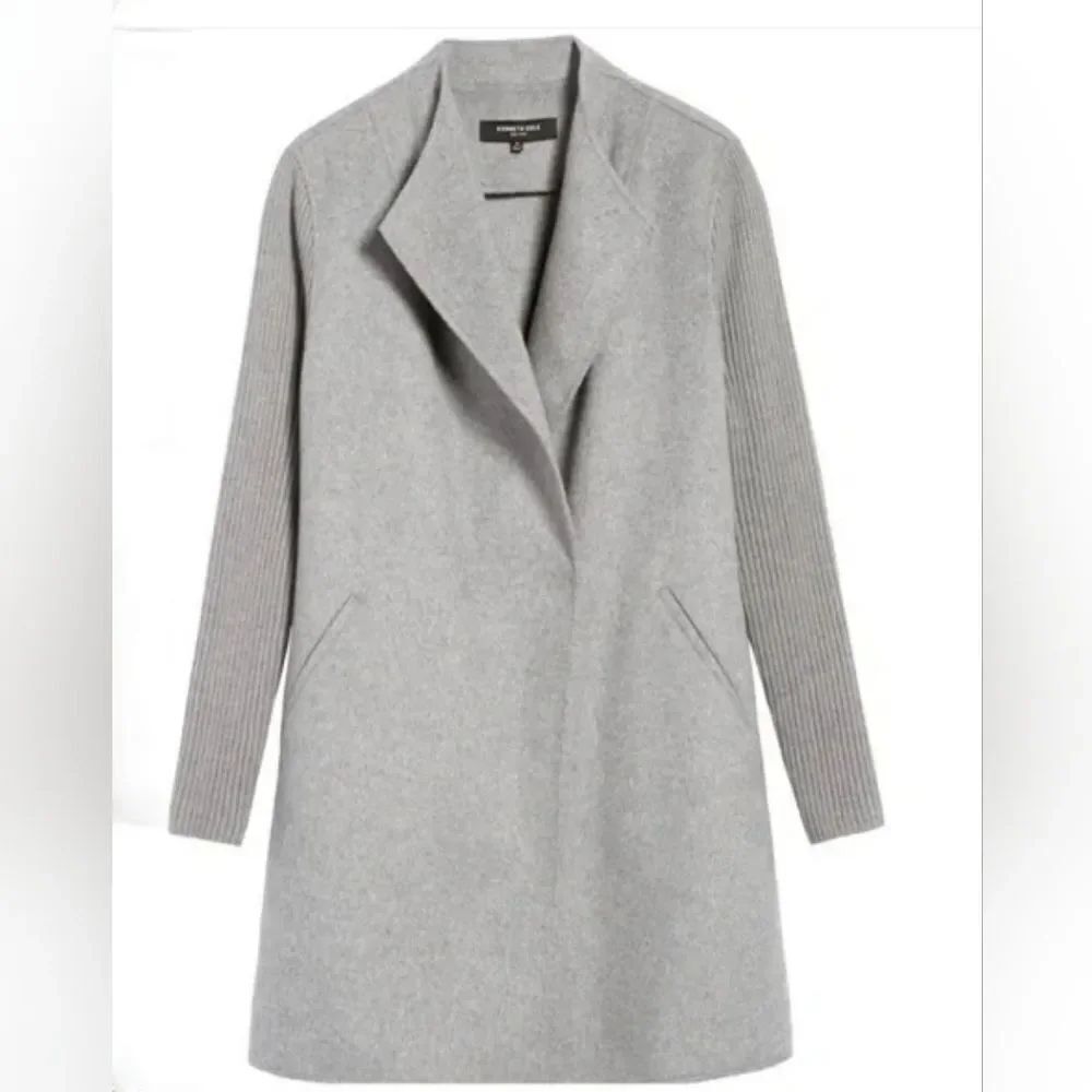 Kenneth Cole Wool Blend Gray Coat Knit Ribbed Sleeves Size L
